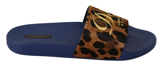 Blue Brown Leopard Logo Rubber Slides Slippers Shoes