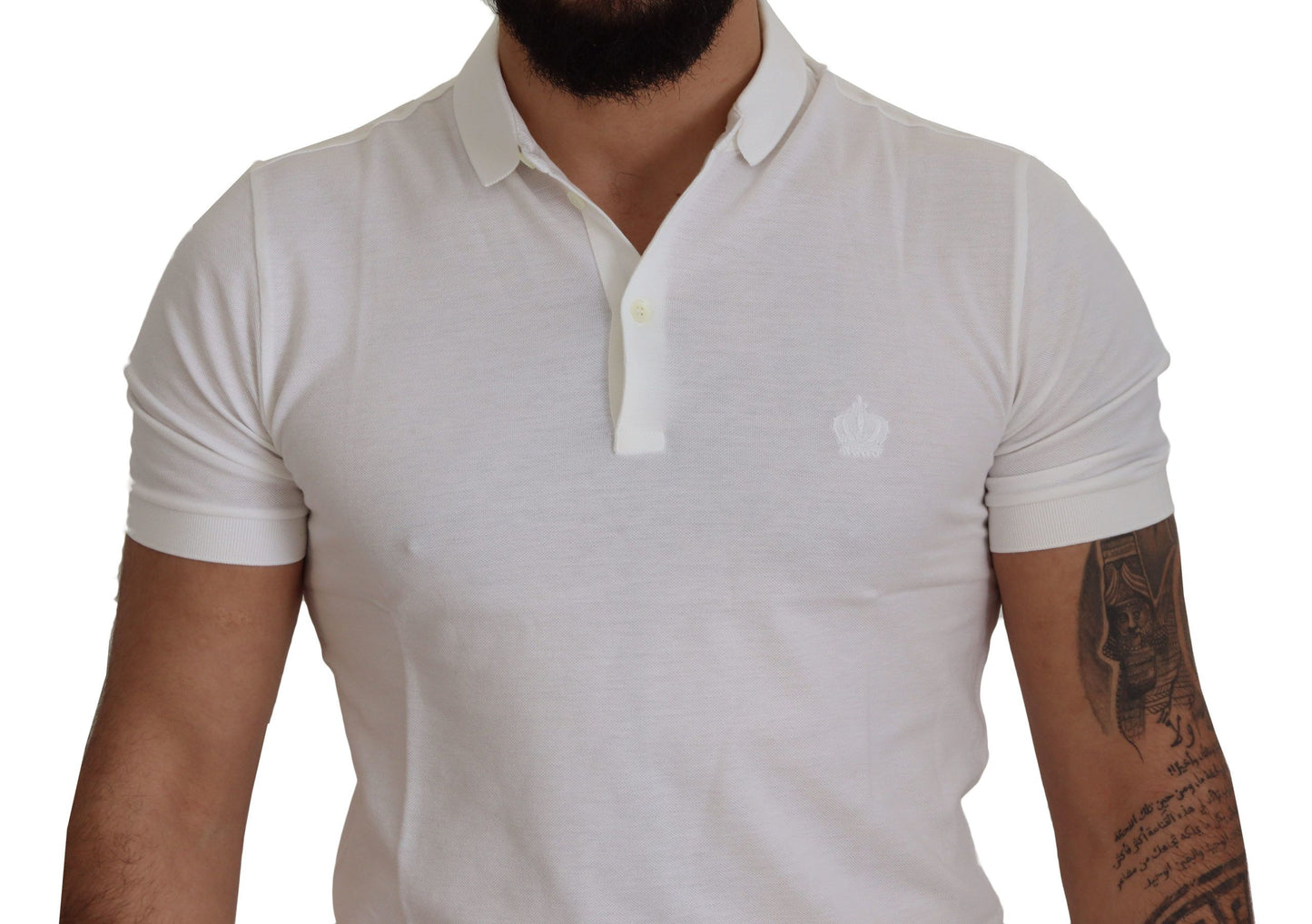 Elegant White Cotton Polo T-Shirt with Crown Embroidery