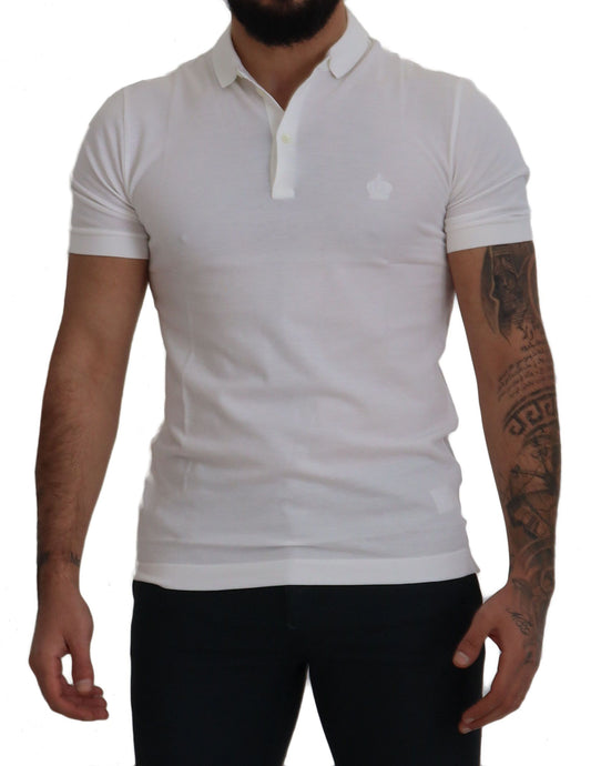 Elegant White Cotton Polo T-Shirt with Crown Embroidery