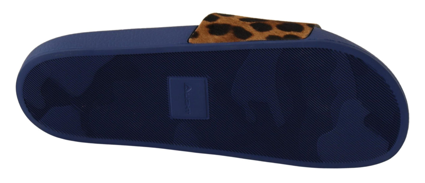 Blue Brown Leopard Logo Rubber Slides Slippers Shoes