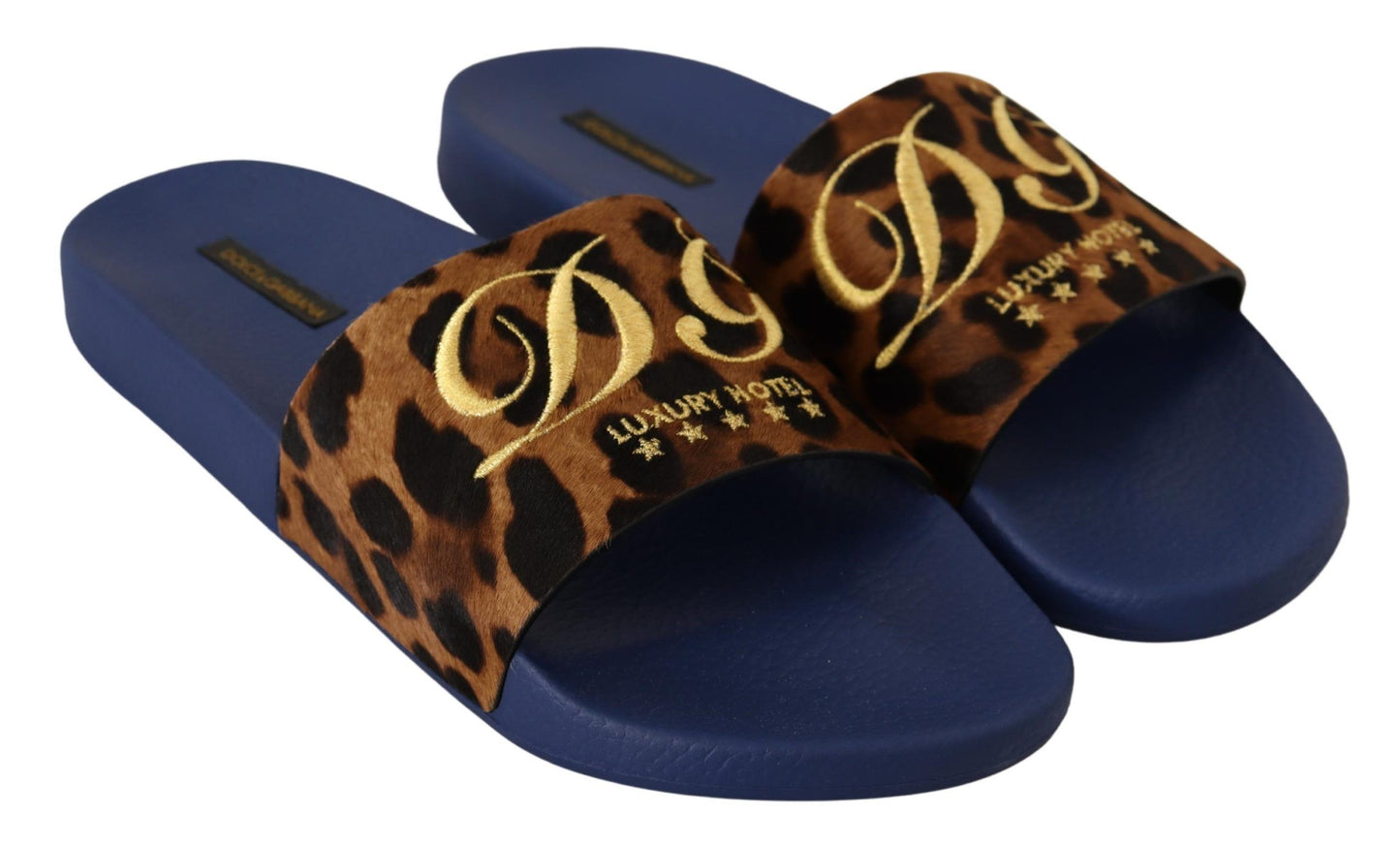 Blue Brown Leopard Logo Rubber Slides Slippers Shoes