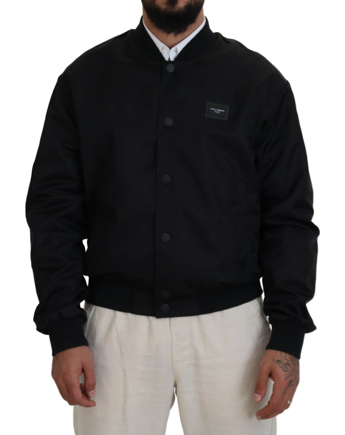 Elegant Black Nylon Bomber Jacket