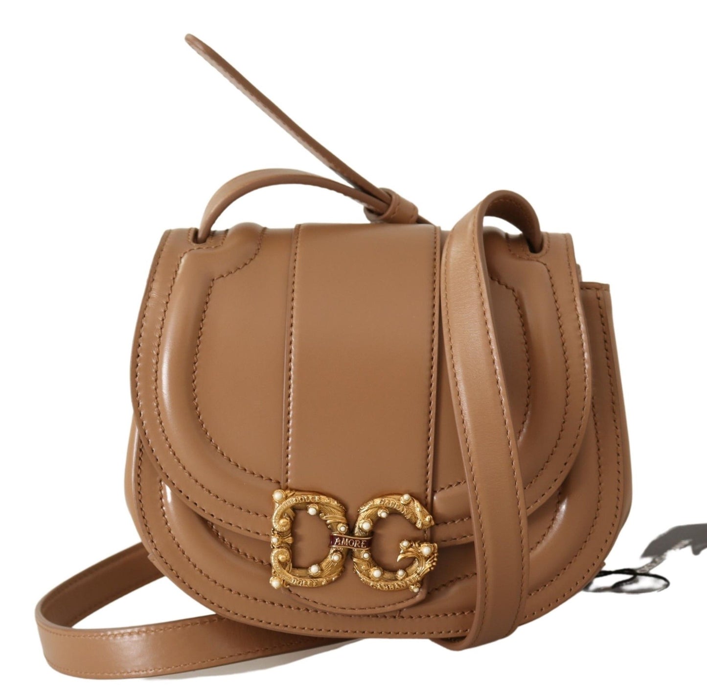 Elegant Beige Leather Shoulder Bag with Gold Detailing