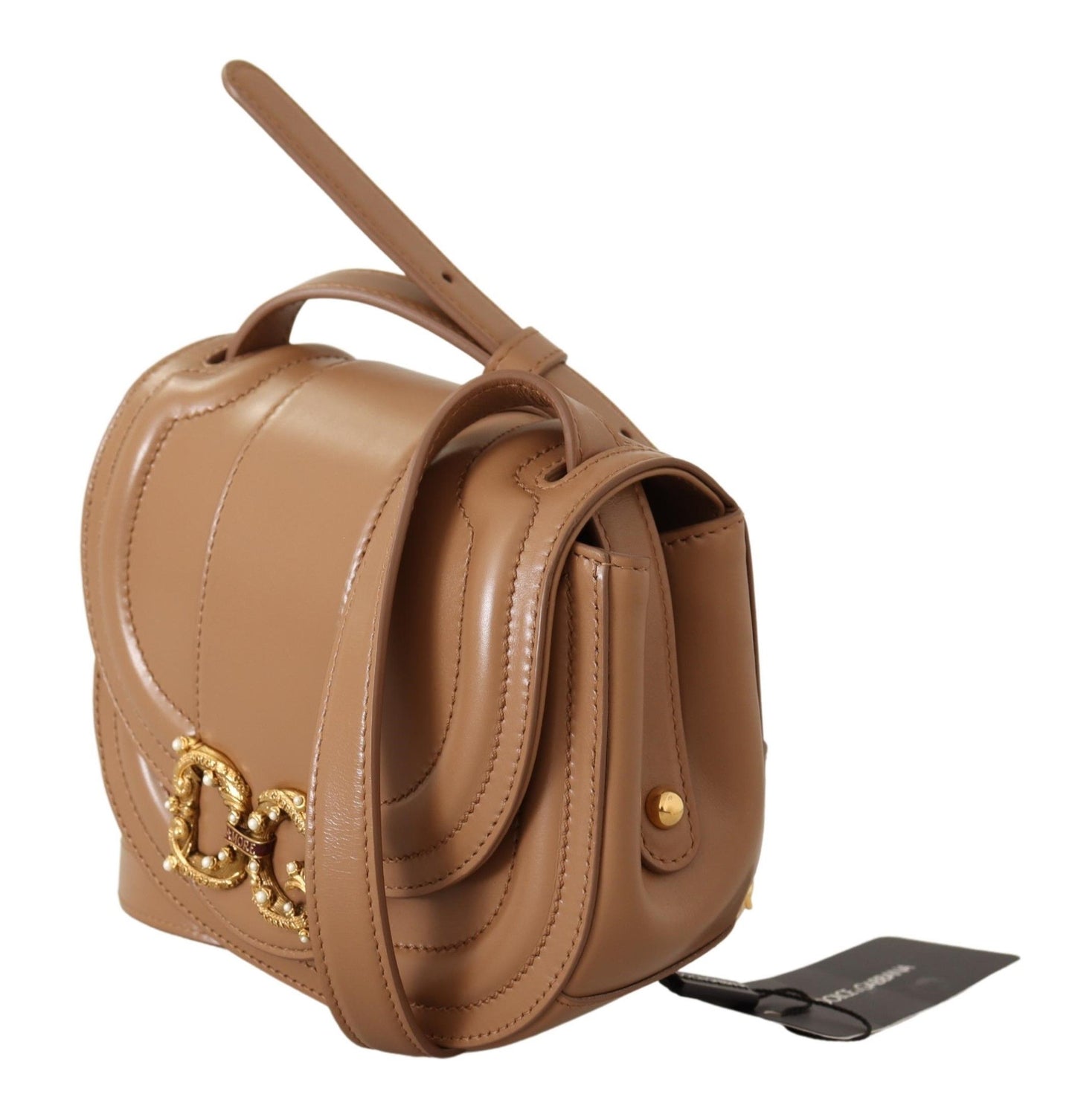 Elegant Beige Leather Shoulder Bag with Gold Detailing