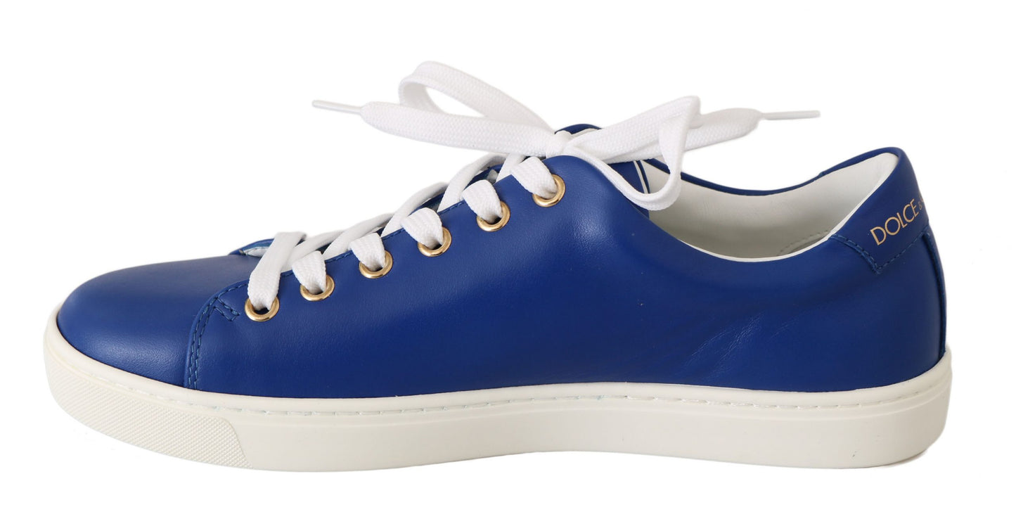 Chic Blue Leather Sneakers with Velvet Heart