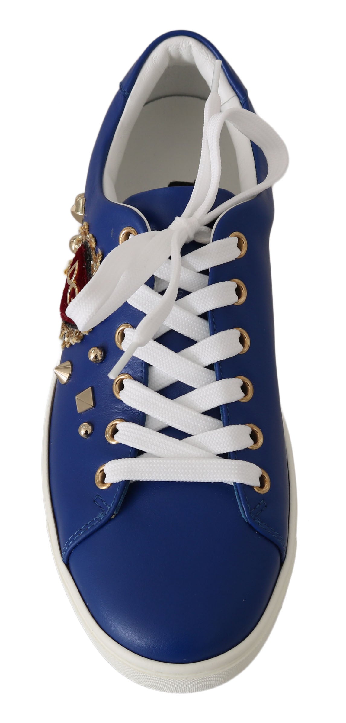 Chic Blue Leather Sneakers with Velvet Heart