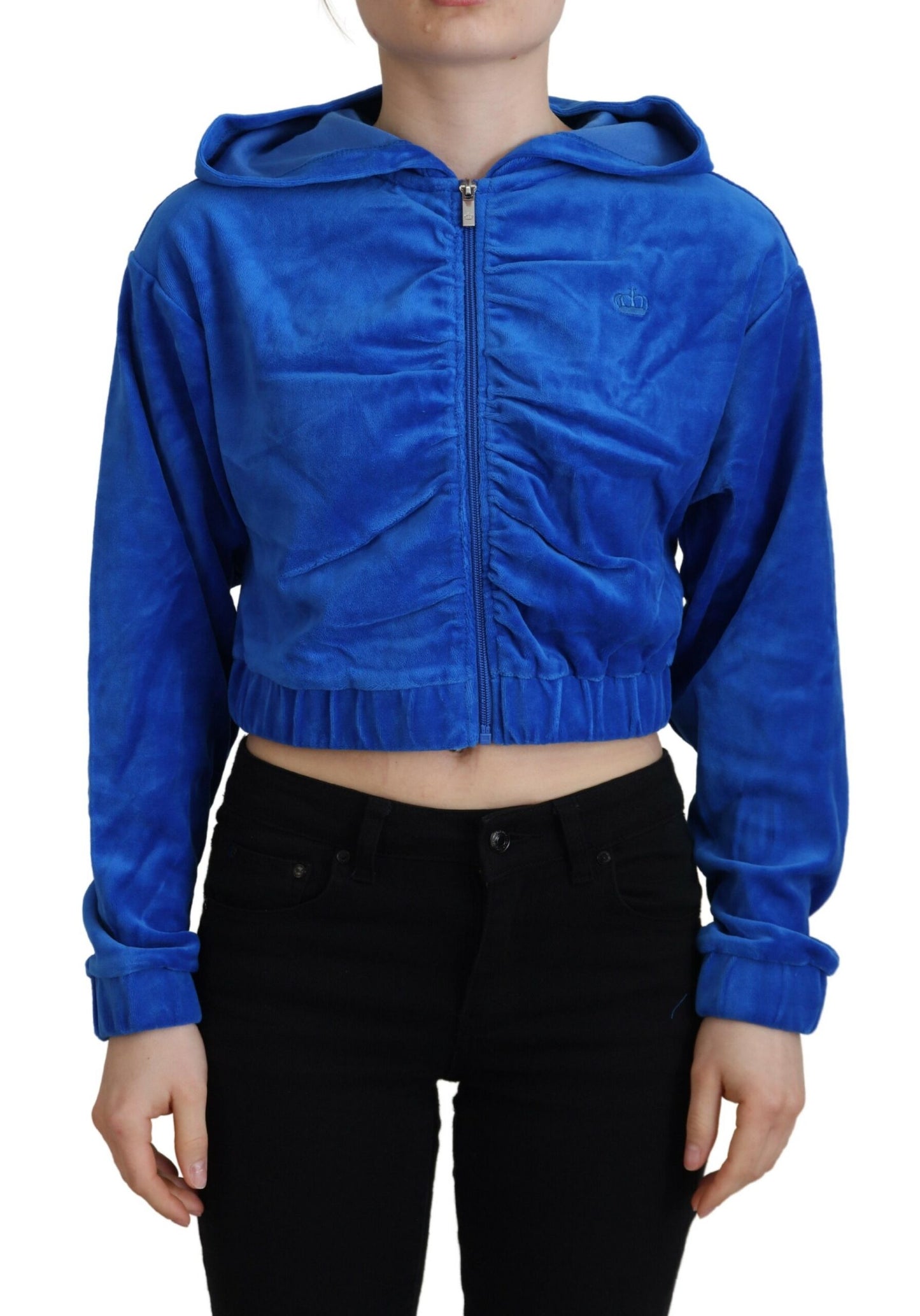 Blue Cotton Full Zip Cropped Hooded Sweatshirt Sweater