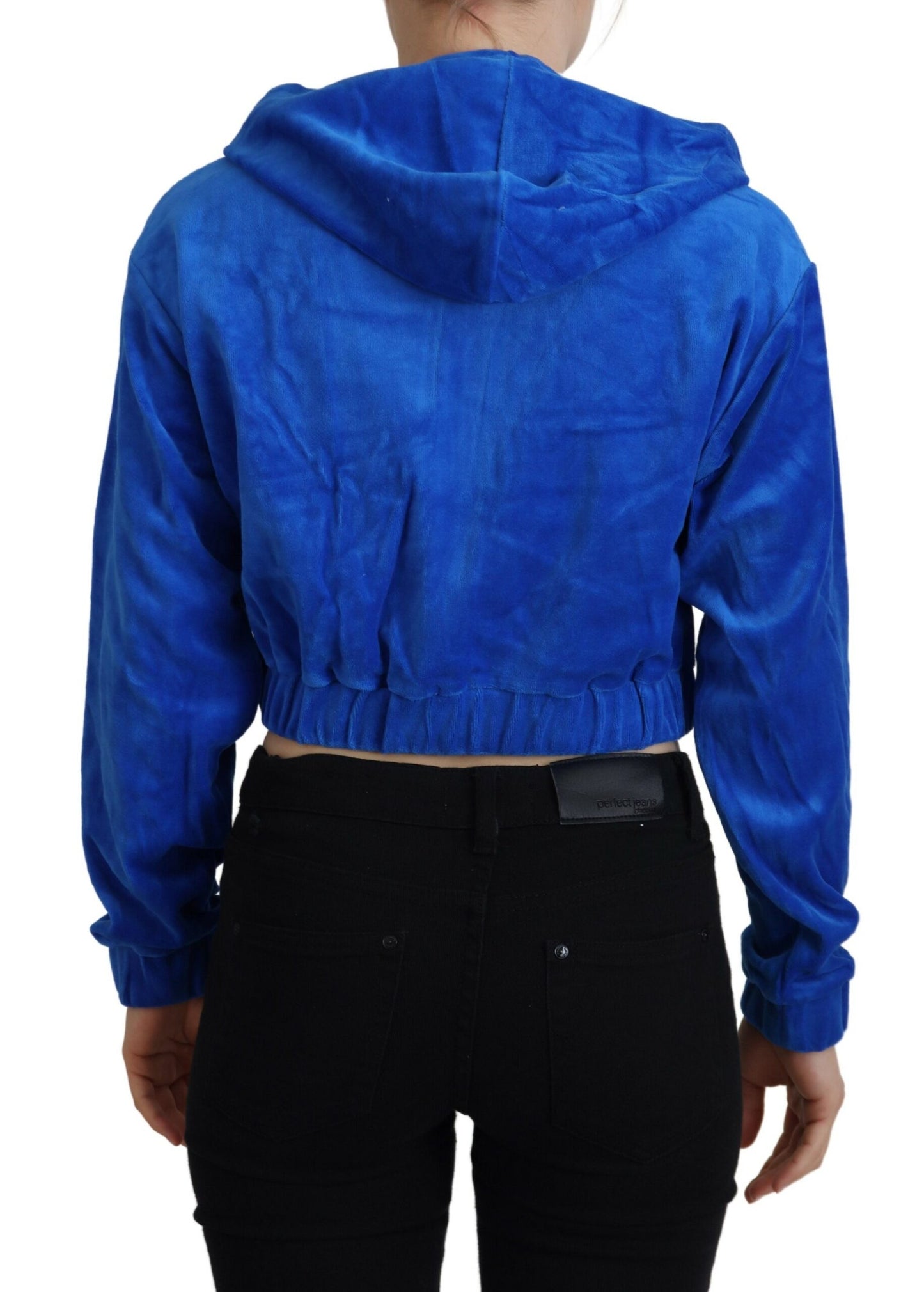 Blue Cotton Full Zip Cropped Hooded Sweatshirt Sweater