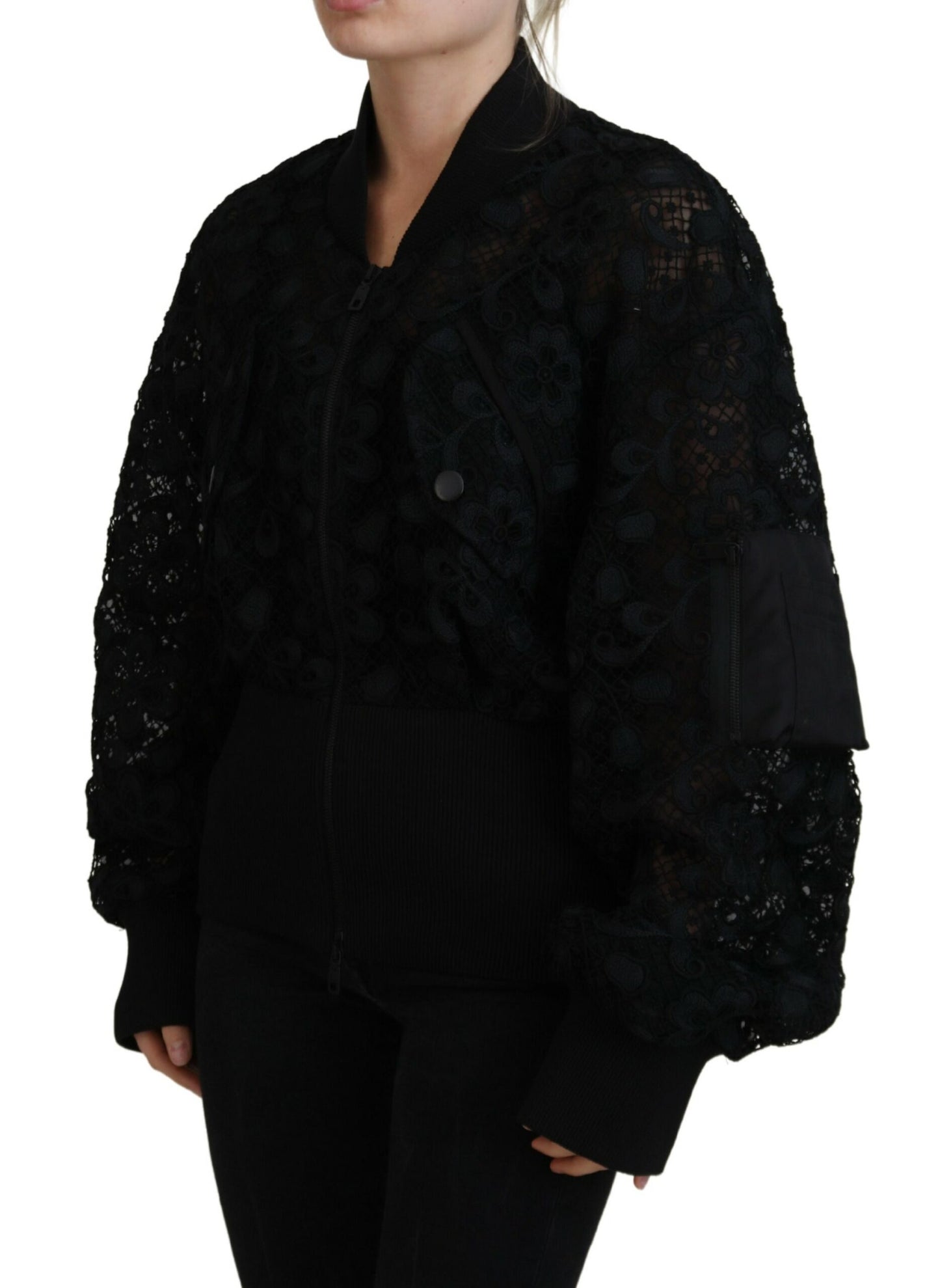 Black Floral Lace Bomber Jacket