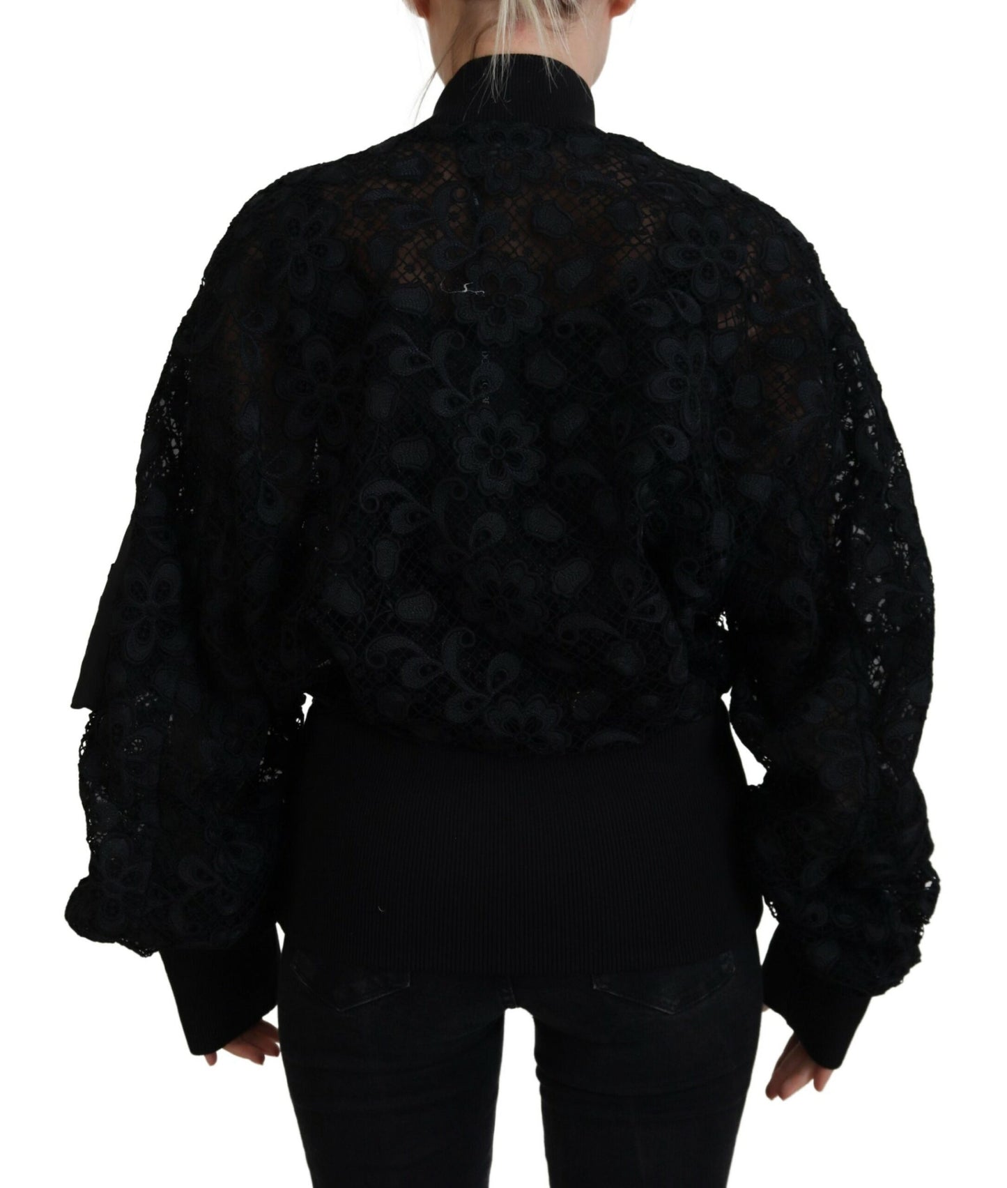 Black Floral Lace Bomber Jacket