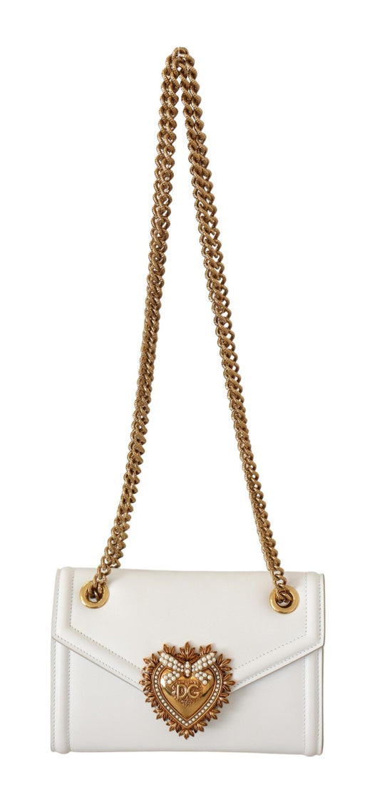 Devotion White Leather Shoulder Bag with Gold Detail