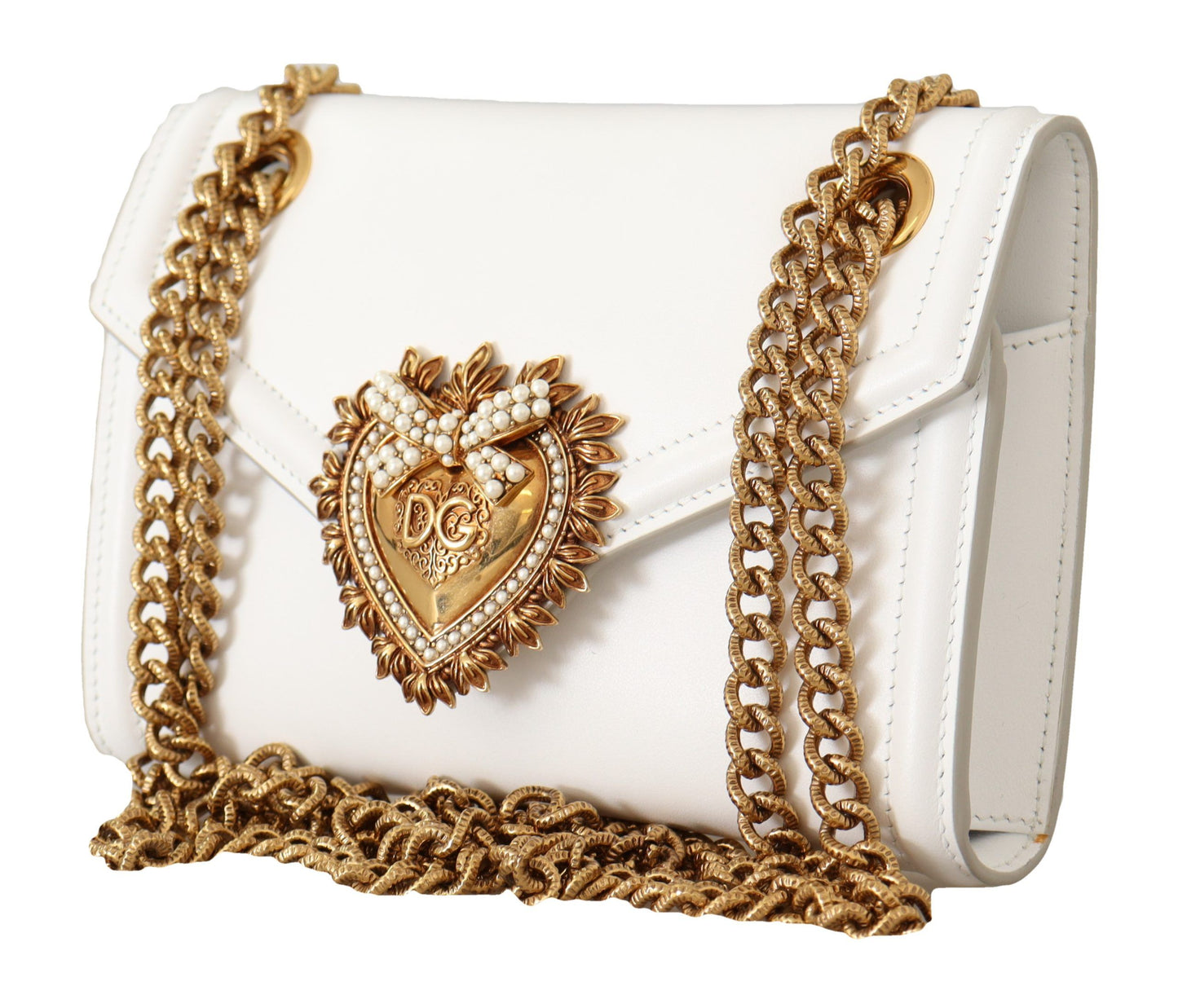 Devotion White Leather Shoulder Bag with Gold Detail