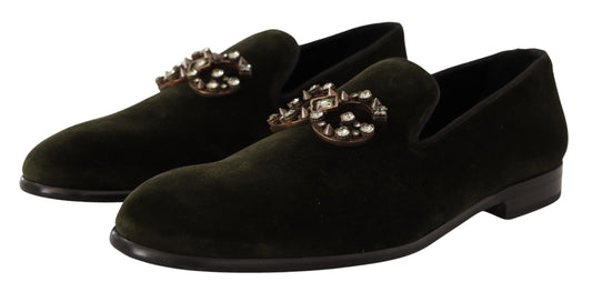 Emerald Velvet Crystal-Embellished Loafers