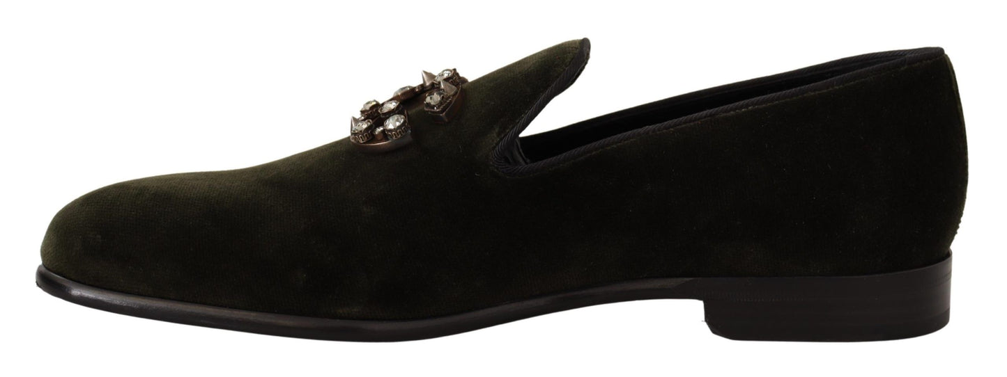 Emerald Velvet Crystal-Embellished Loafers