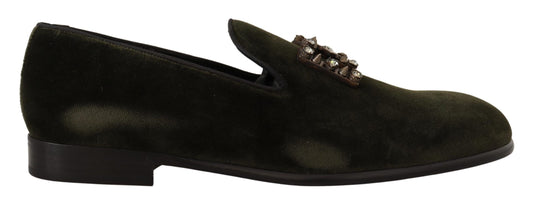 Emerald Velvet Crystal-Embellished Loafers