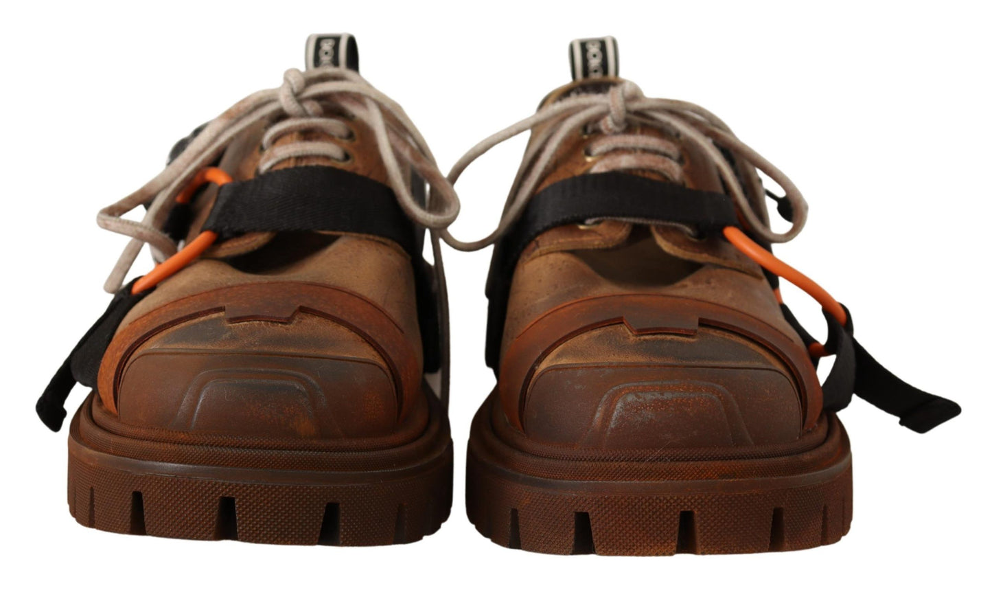 Elegant Brown Leather Casual Sneakers