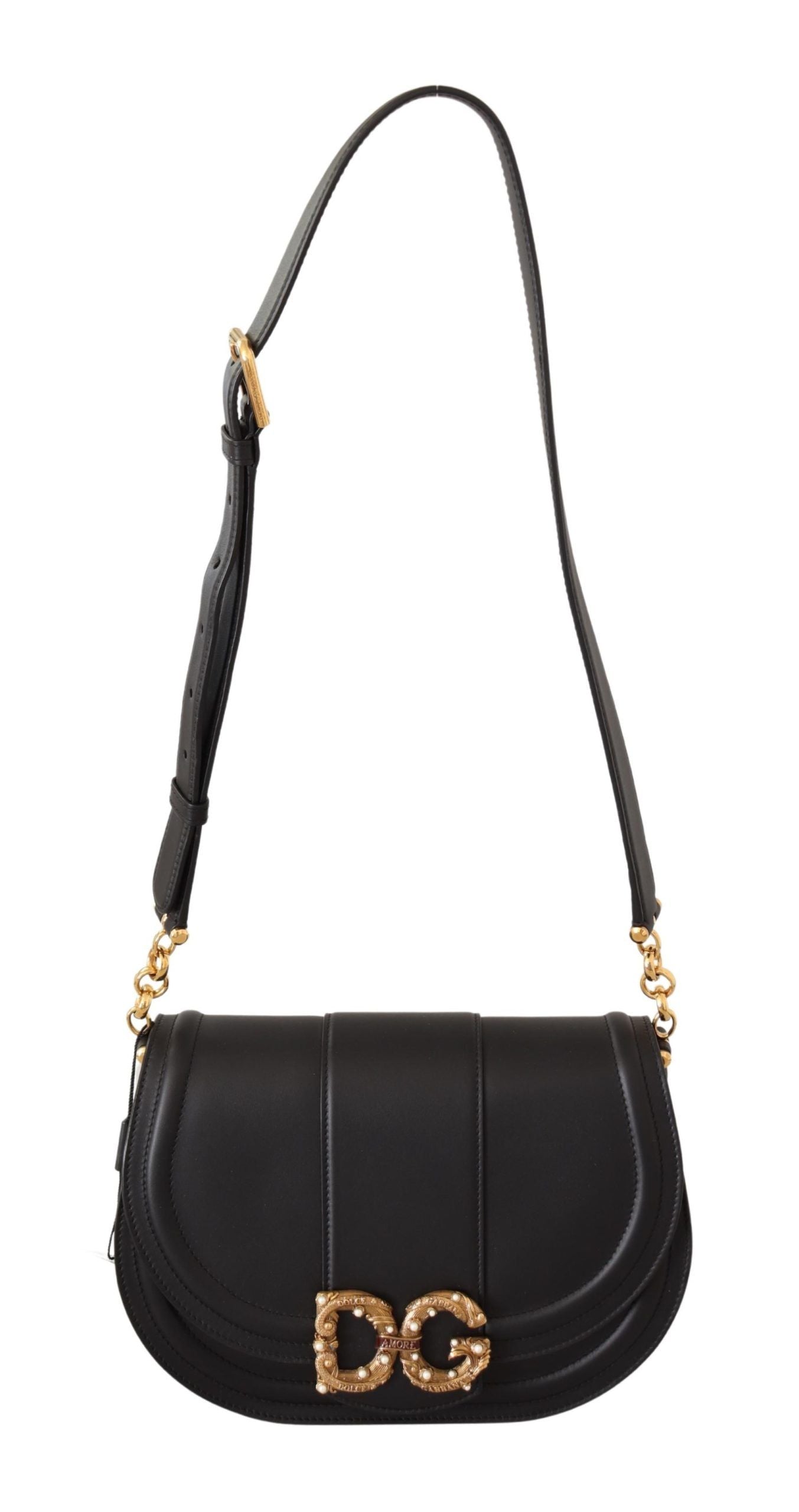 Elegant Black Leather Shoulder Bag with Gold Detailing