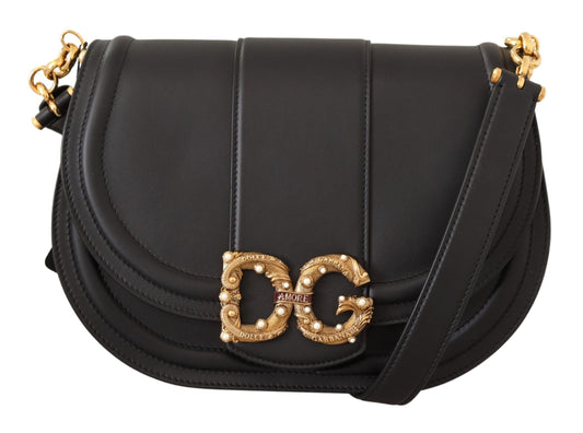 Elegant Black Leather Shoulder Bag with Gold Detailing