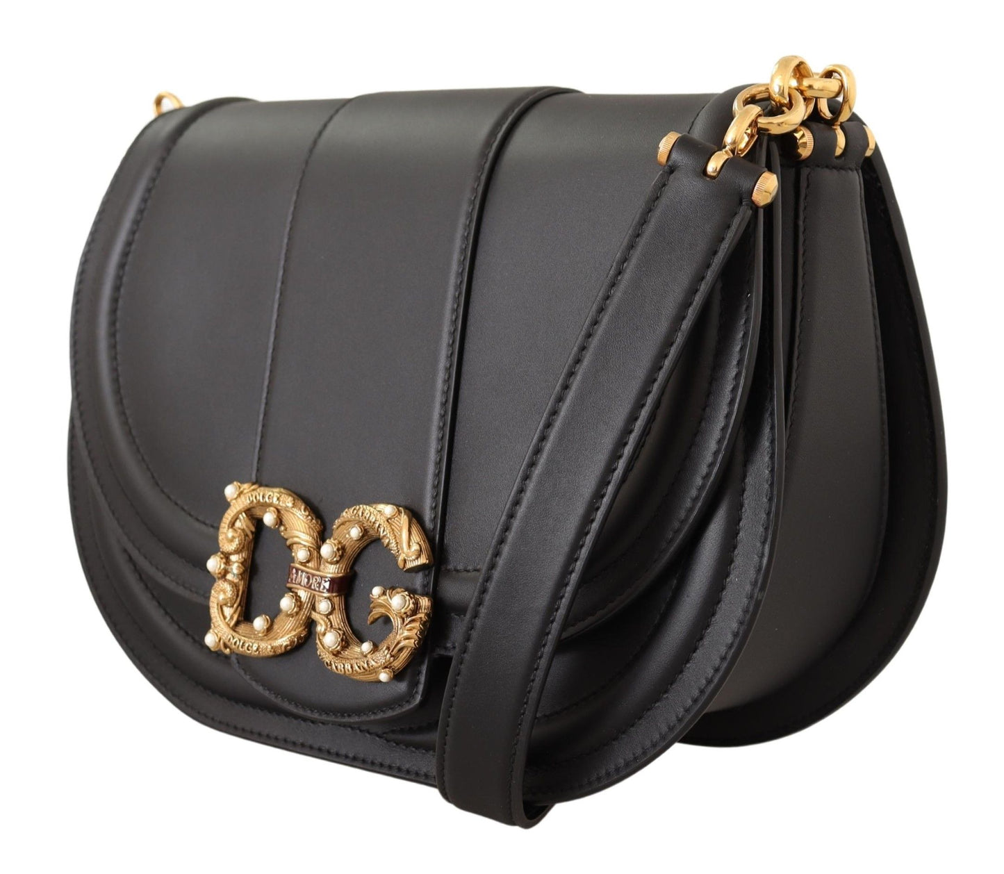 Elegant Black Leather Shoulder Bag with Gold Detailing