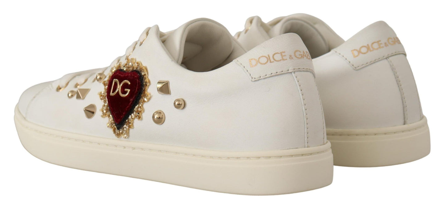 White Leather Gold Red Heart Sneakers Shoes