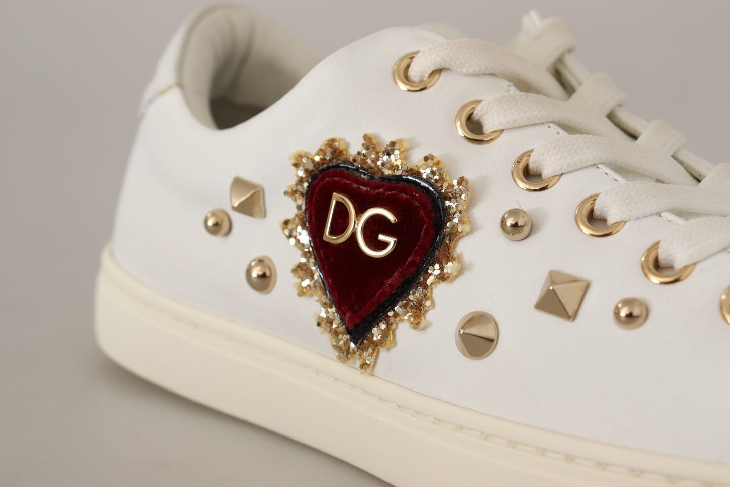 White Leather Gold Red Heart Sneakers Shoes