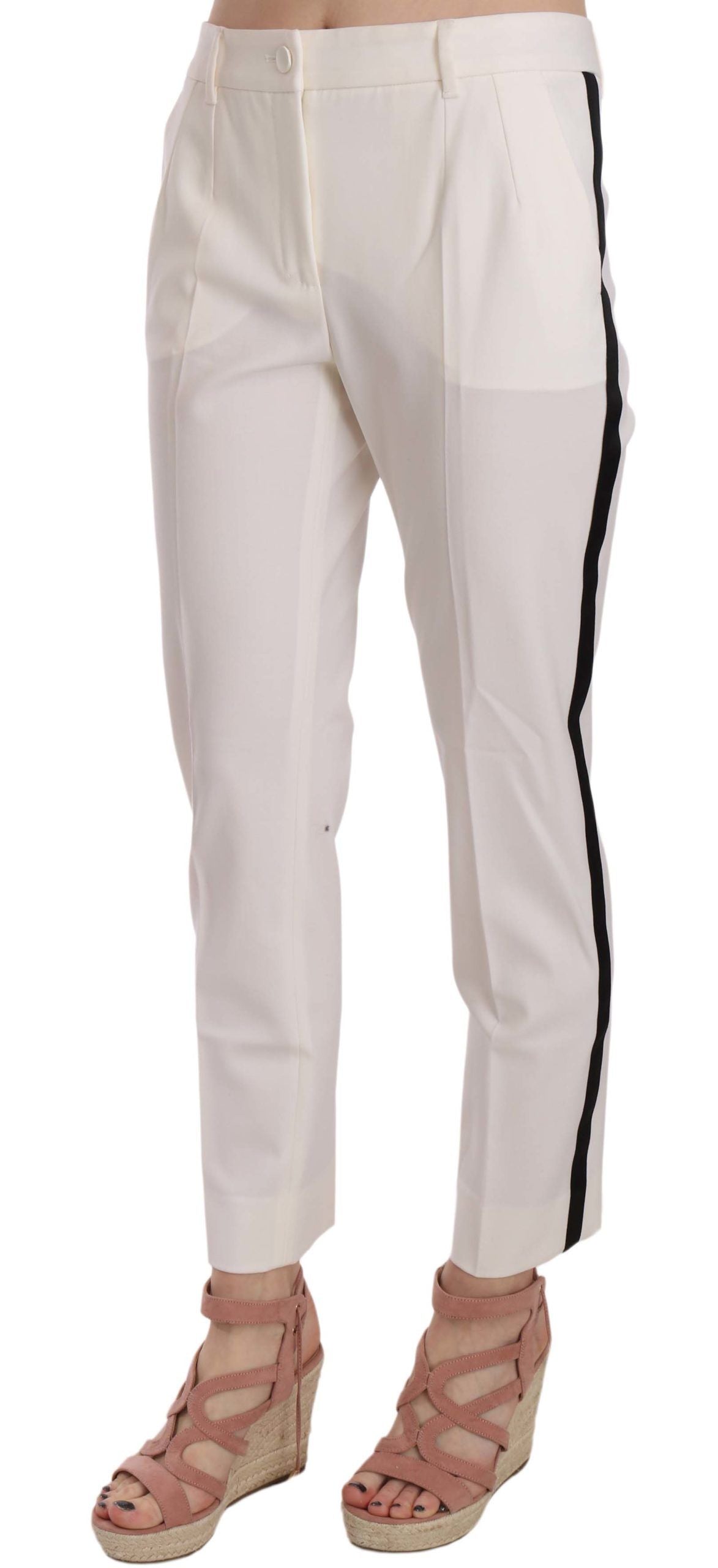 Elegant White Stripe Wool Tapered Trousers