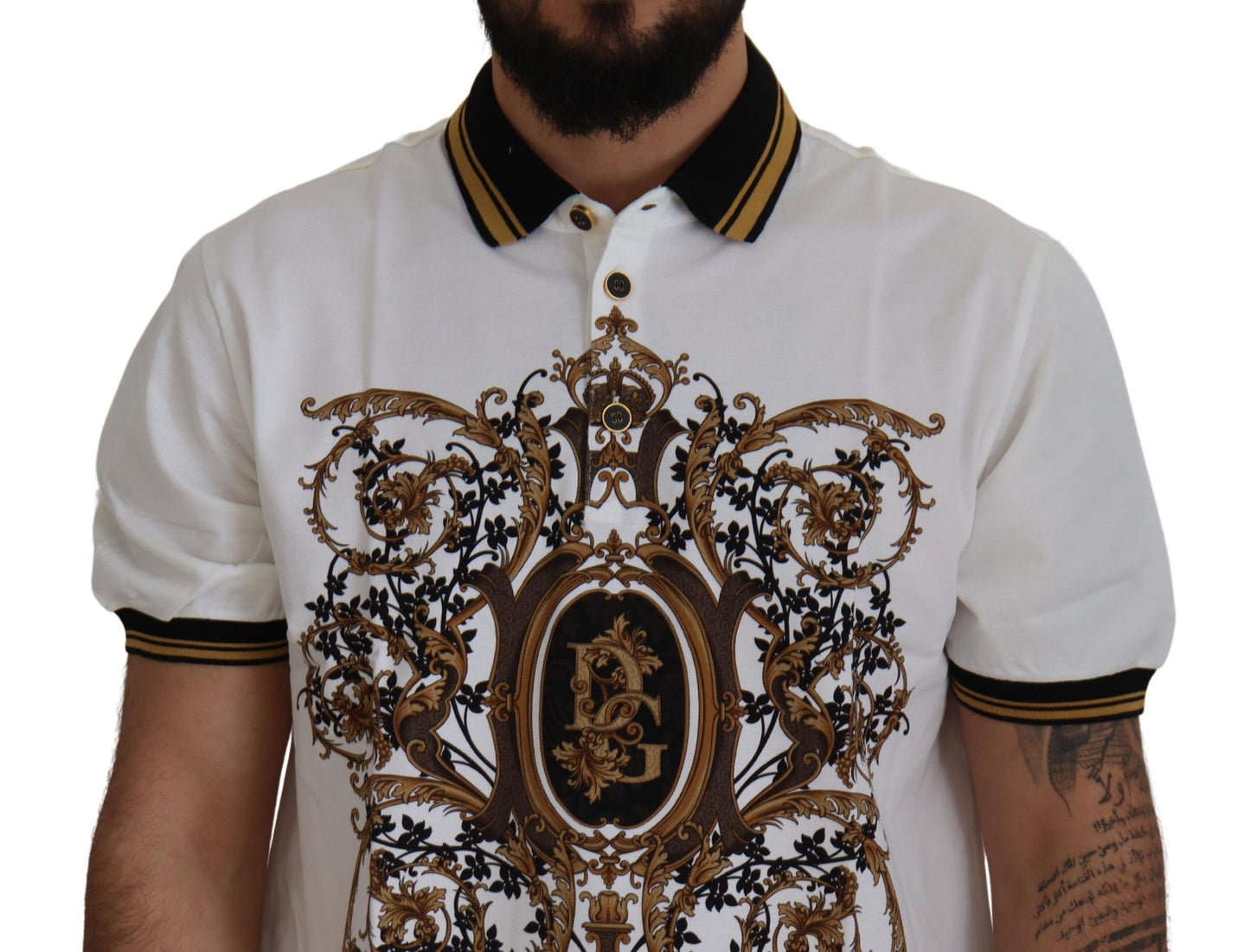 White Gold Baroque Print Cotton Polo T-Shirt