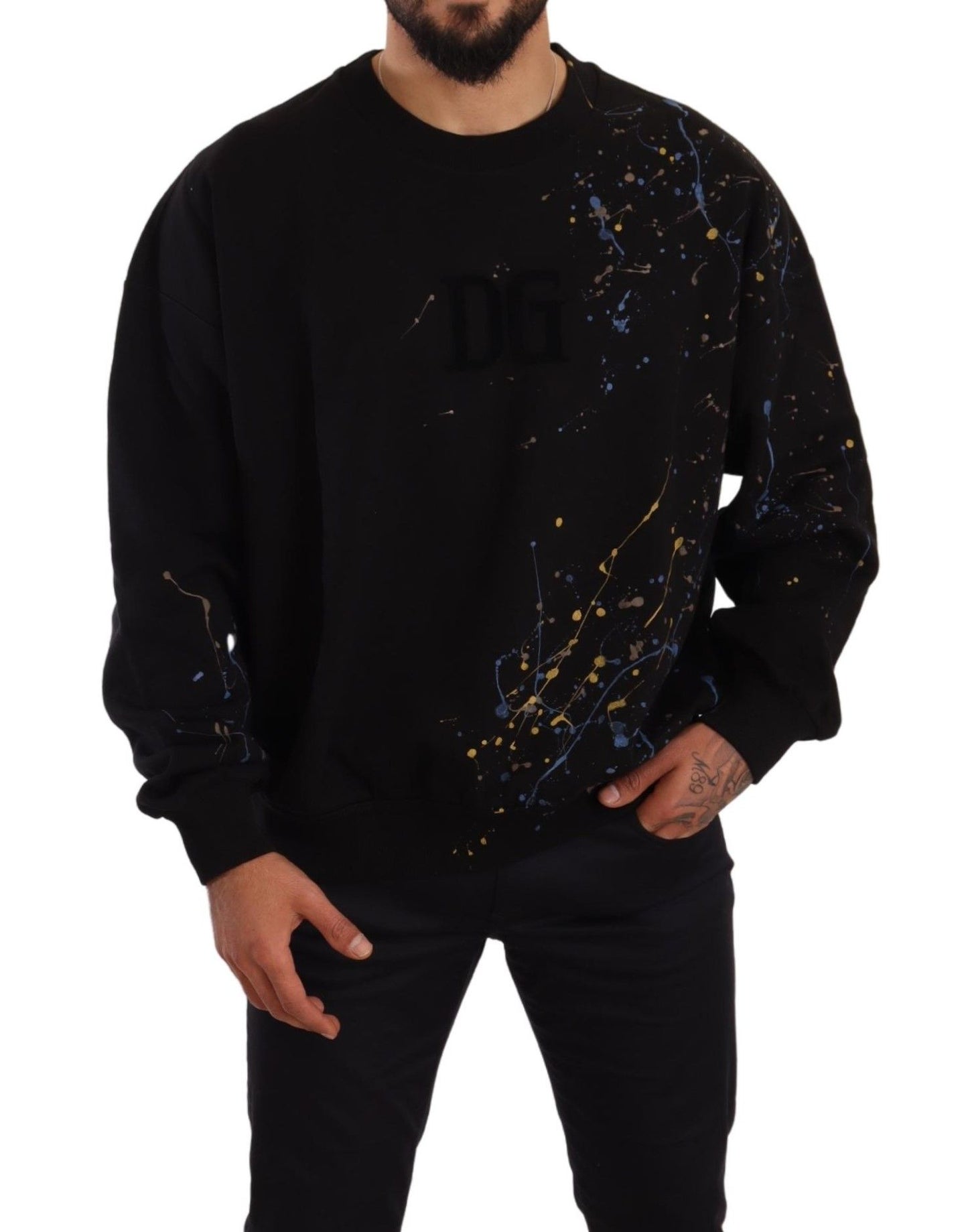 Elegant Black Multicolor Stain Sweater