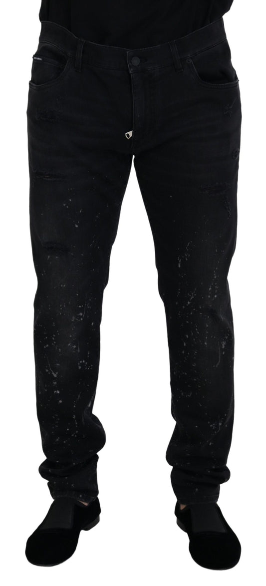 Black Washed Cotton Tattered Denim Jeans