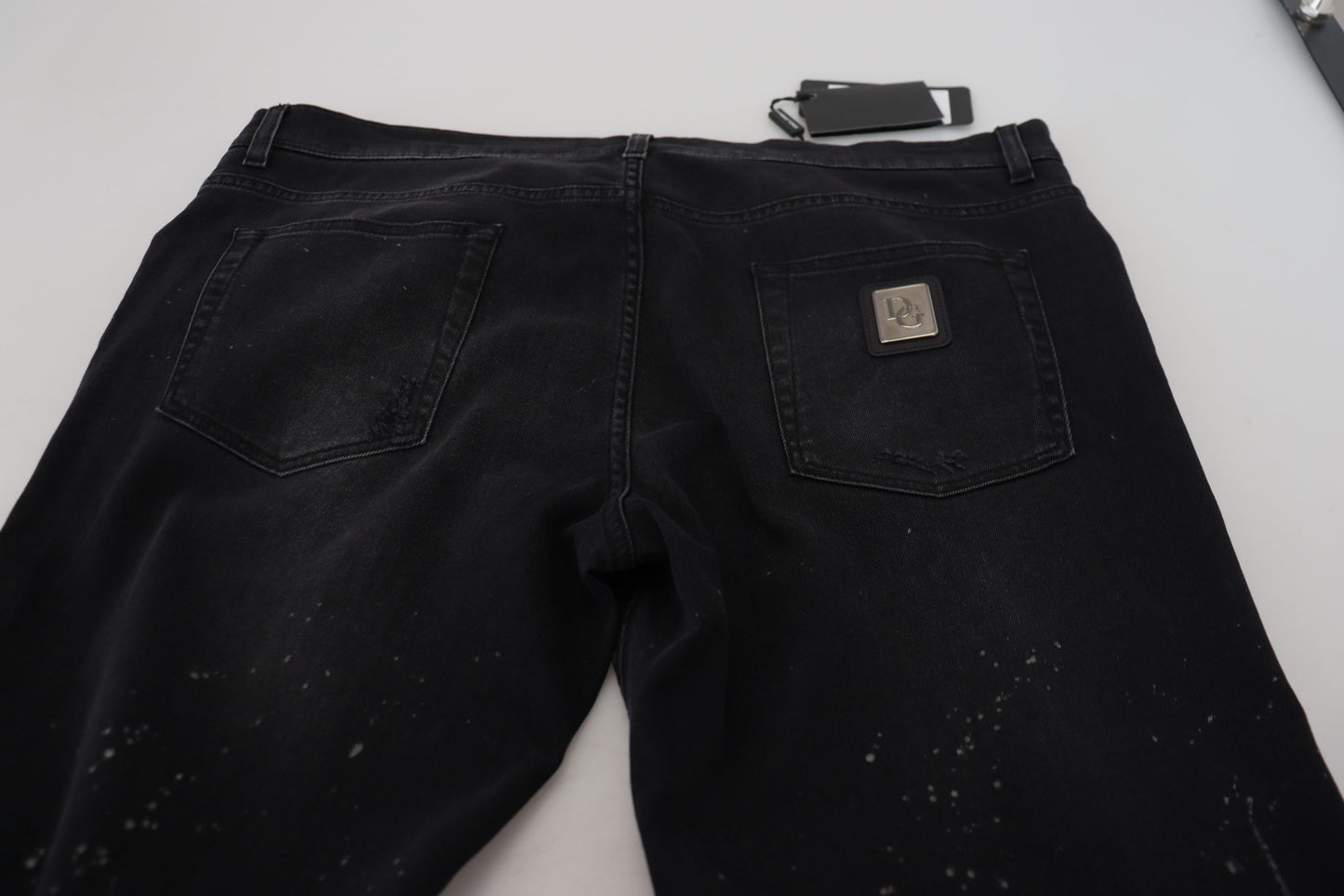 Black Washed Cotton Tattered Denim Jeans