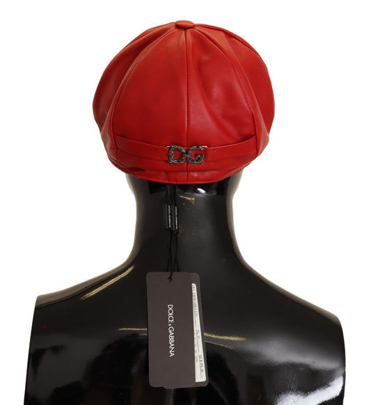 Chic Red Leather Cabbie Cap