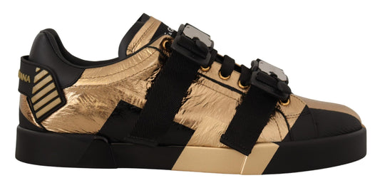 Elegant Gold Black Leather Sneakers