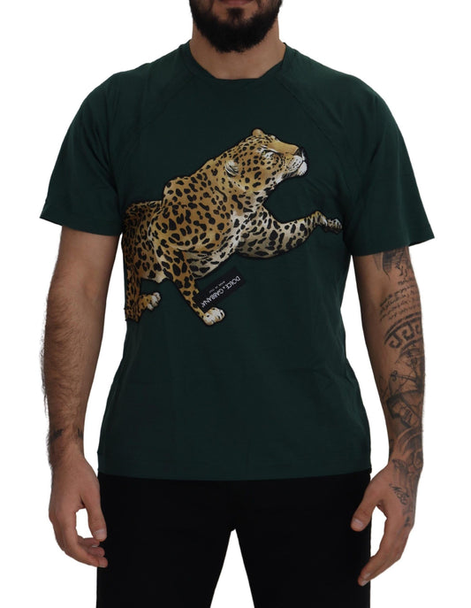 Elegant Green Leopard Motif Cotton T-Shirt