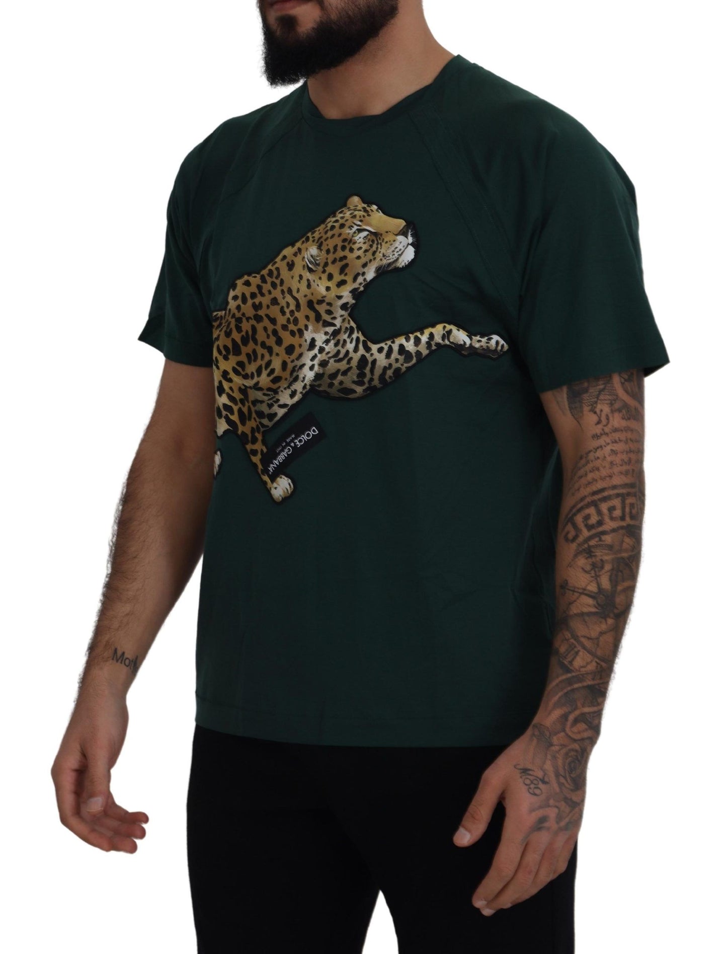 Elegant Green Leopard Motif Cotton T-Shirt