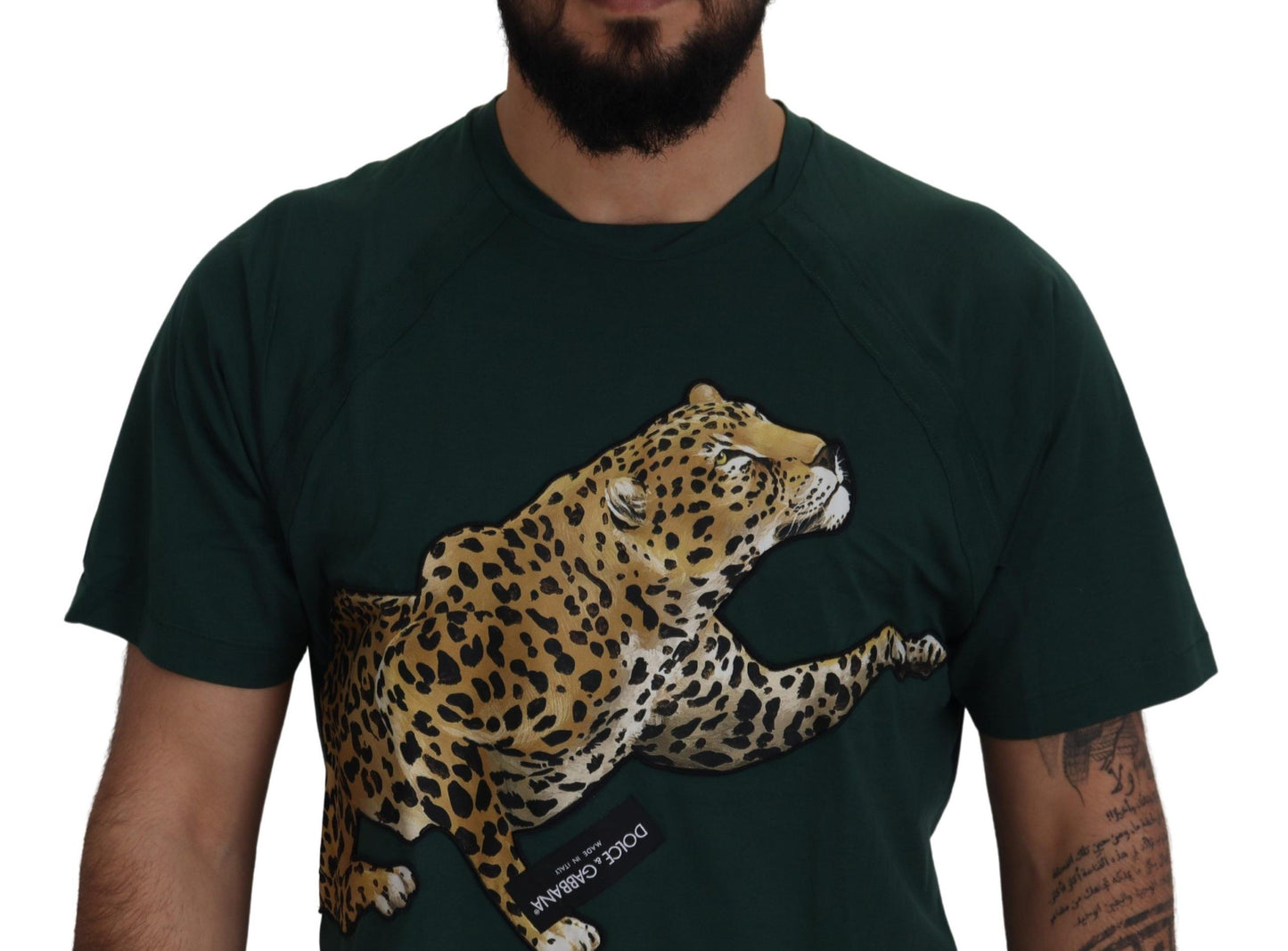 Elegant Green Leopard Motif Cotton T-Shirt