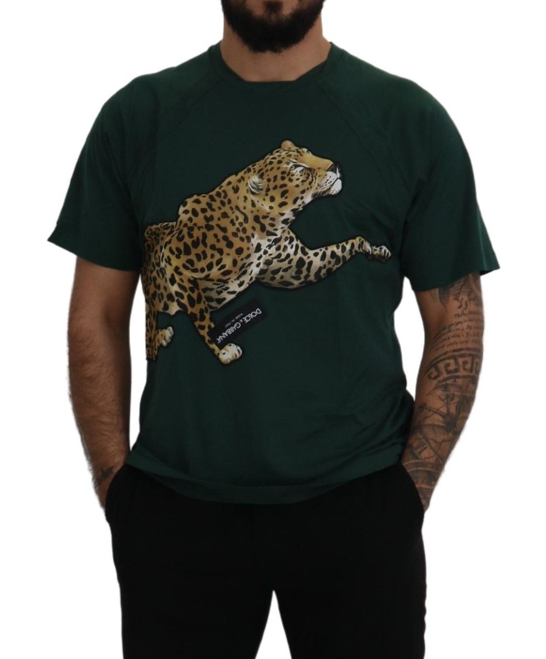 Elegant Green Leopard Motif Cotton T-Shirt