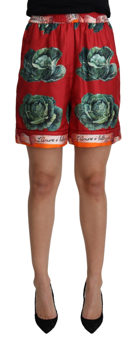 Elegant High Waist Cabbage Print Silk Shorts