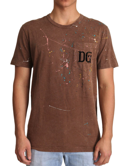 Elegant Paint-Detailed Brown Crewneck Tee