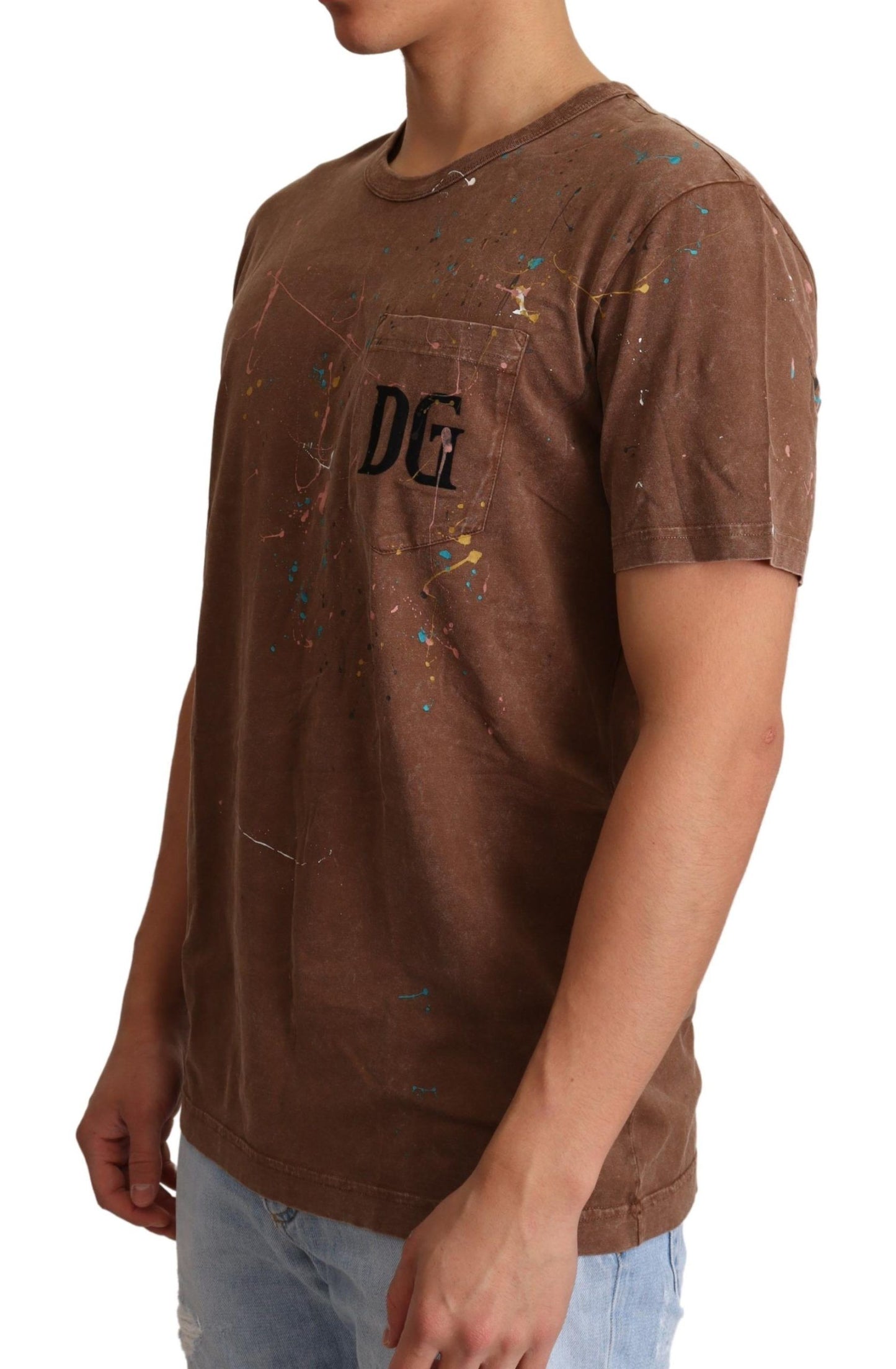 Elegant Paint-Detailed Brown Crewneck Tee