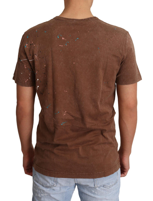 Elegant Paint-Detailed Brown Crewneck Tee