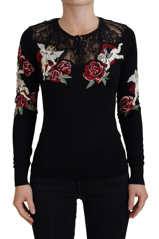 Angel Embroidered Black Silk-Wool Sweater