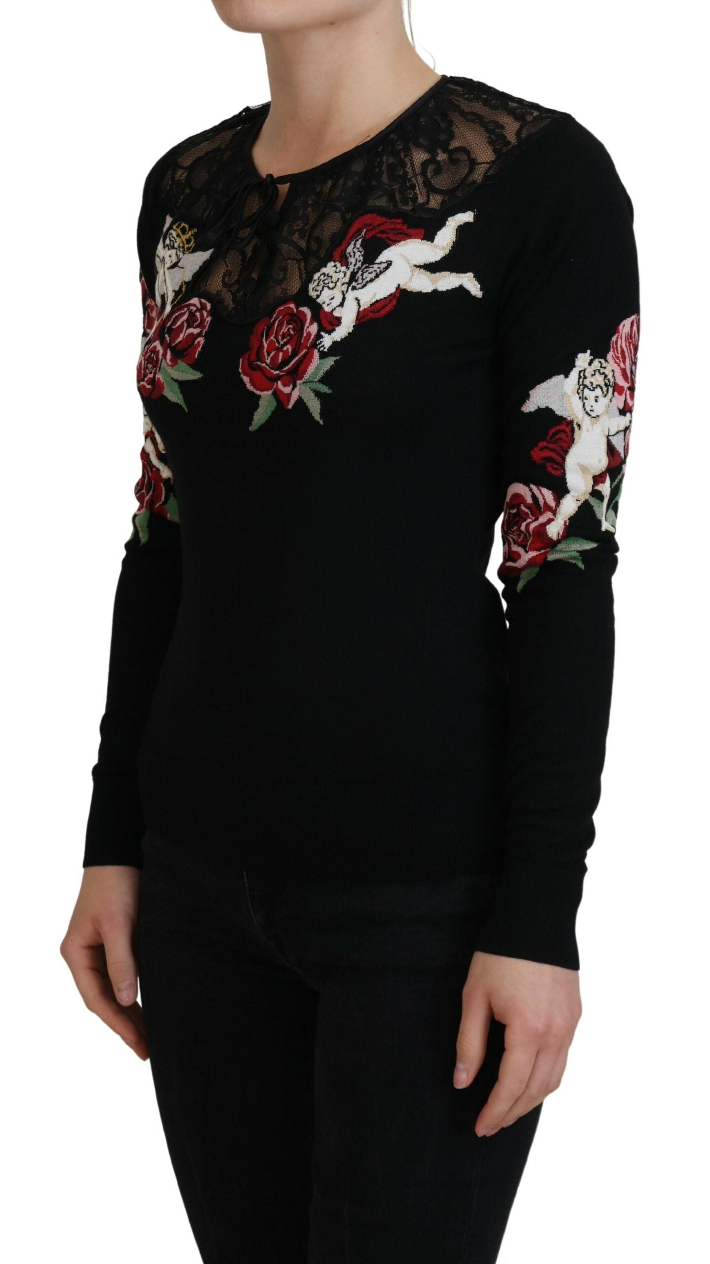 Angel Embroidered Black Silk-Wool Sweater