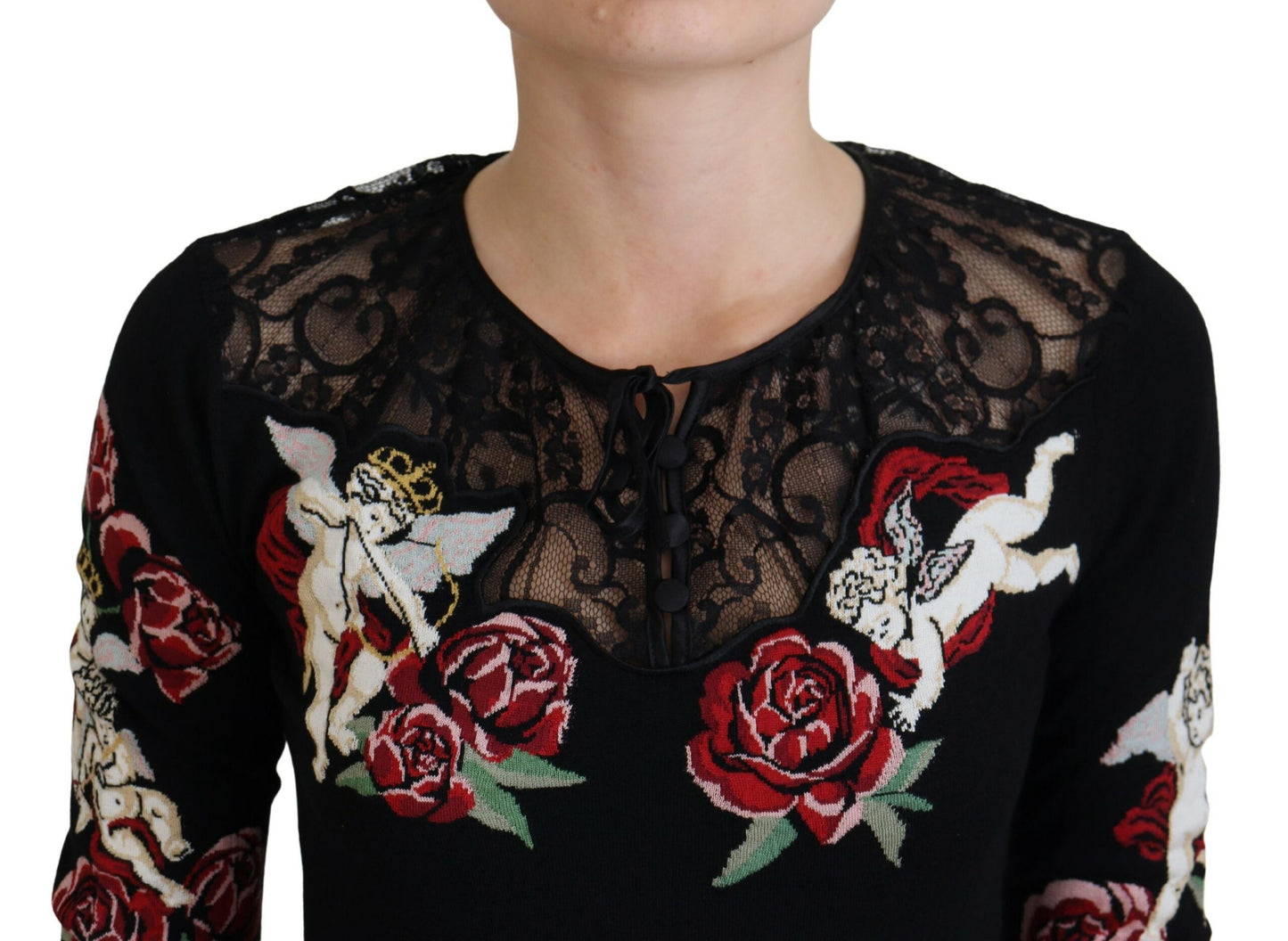 Angel Embroidered Black Silk-Wool Sweater