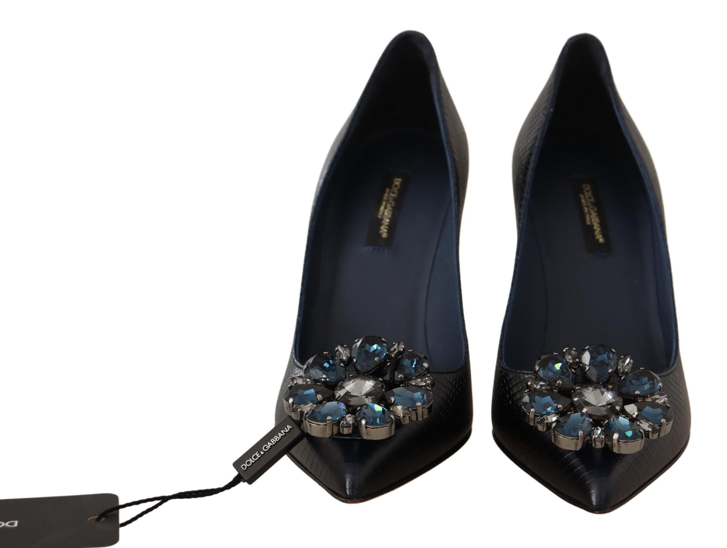 Elegant Crystal Leather Pumps in Dark Blue