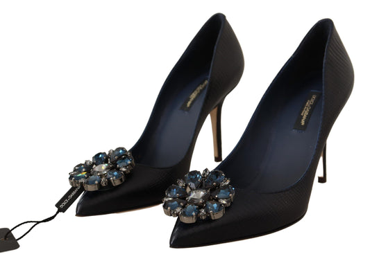 Elegant Crystal Leather Pumps in Dark Blue