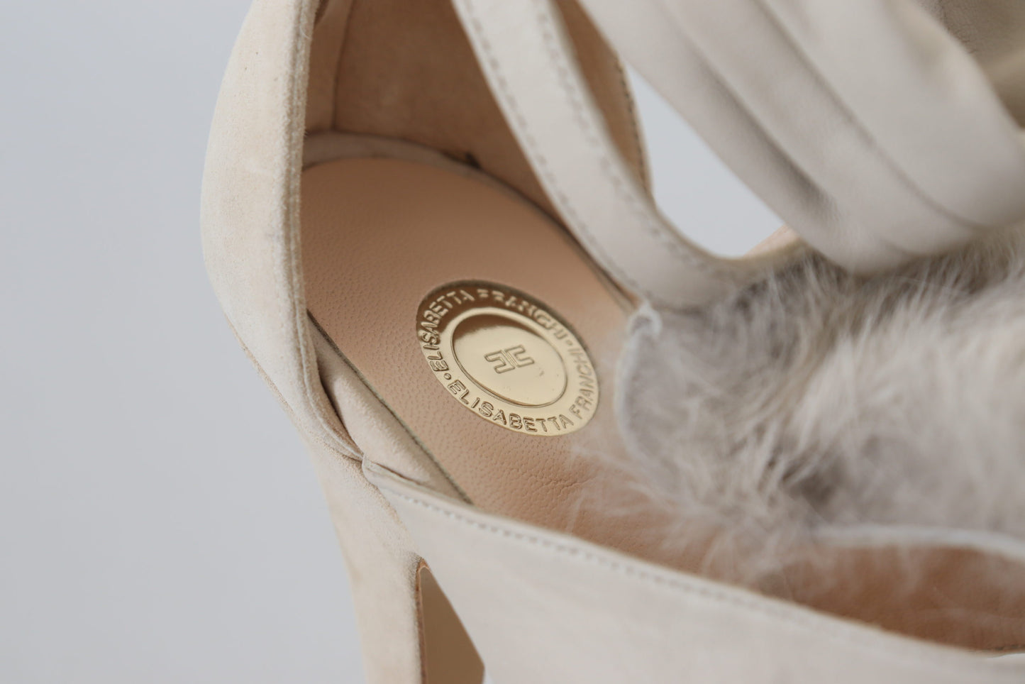 Beige Leather Feathered Heel Sandals