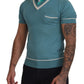 Blue Silk Polo Top Mens V-neck  T-shirt