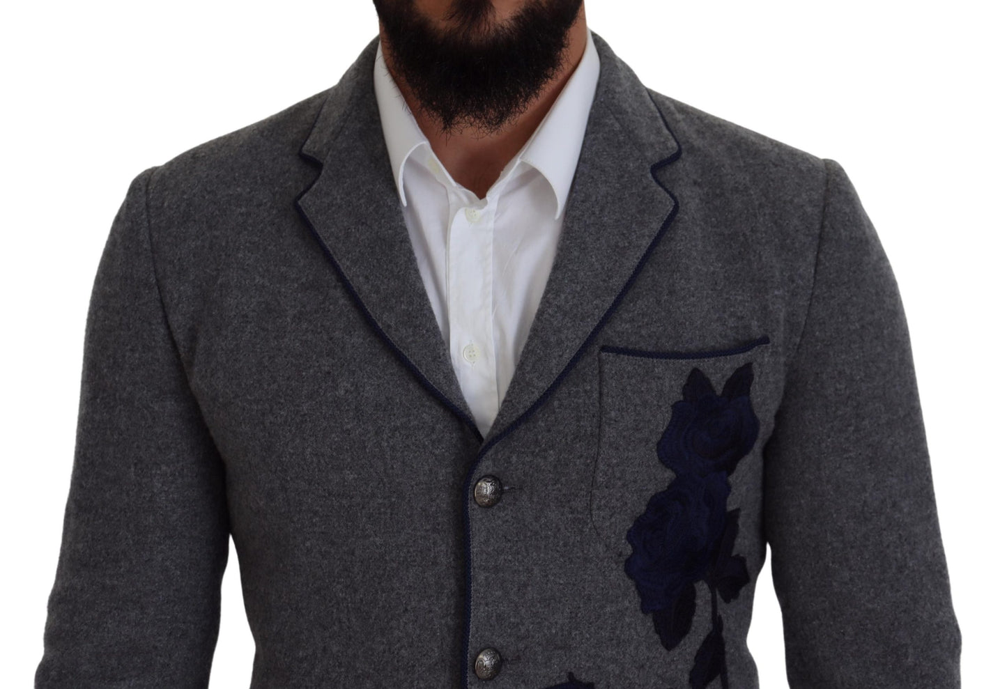 Gray Wool Roses Slim Fit Jacket Blazer