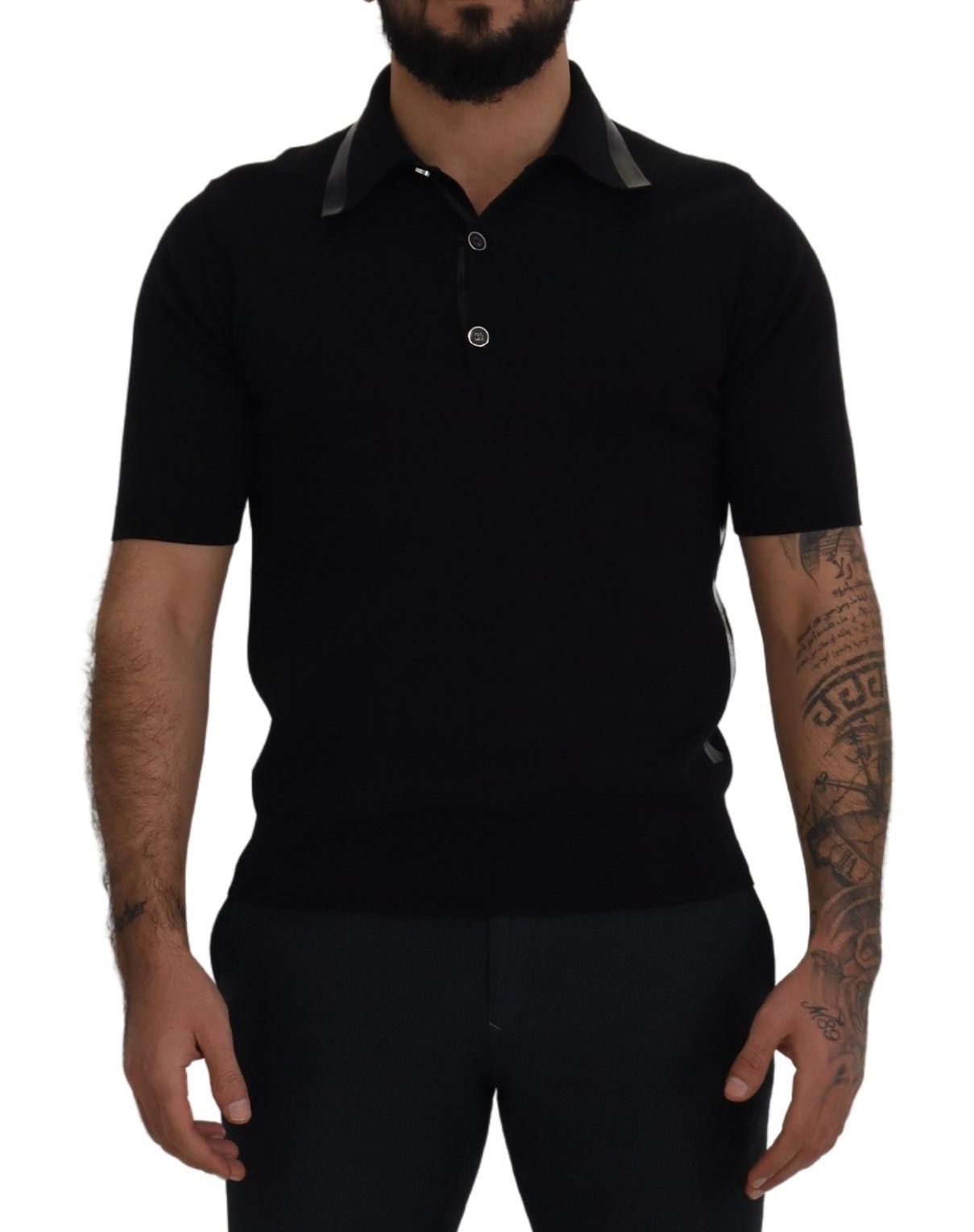 Black Cotton Silk Polo Shortsleeve T-shirt