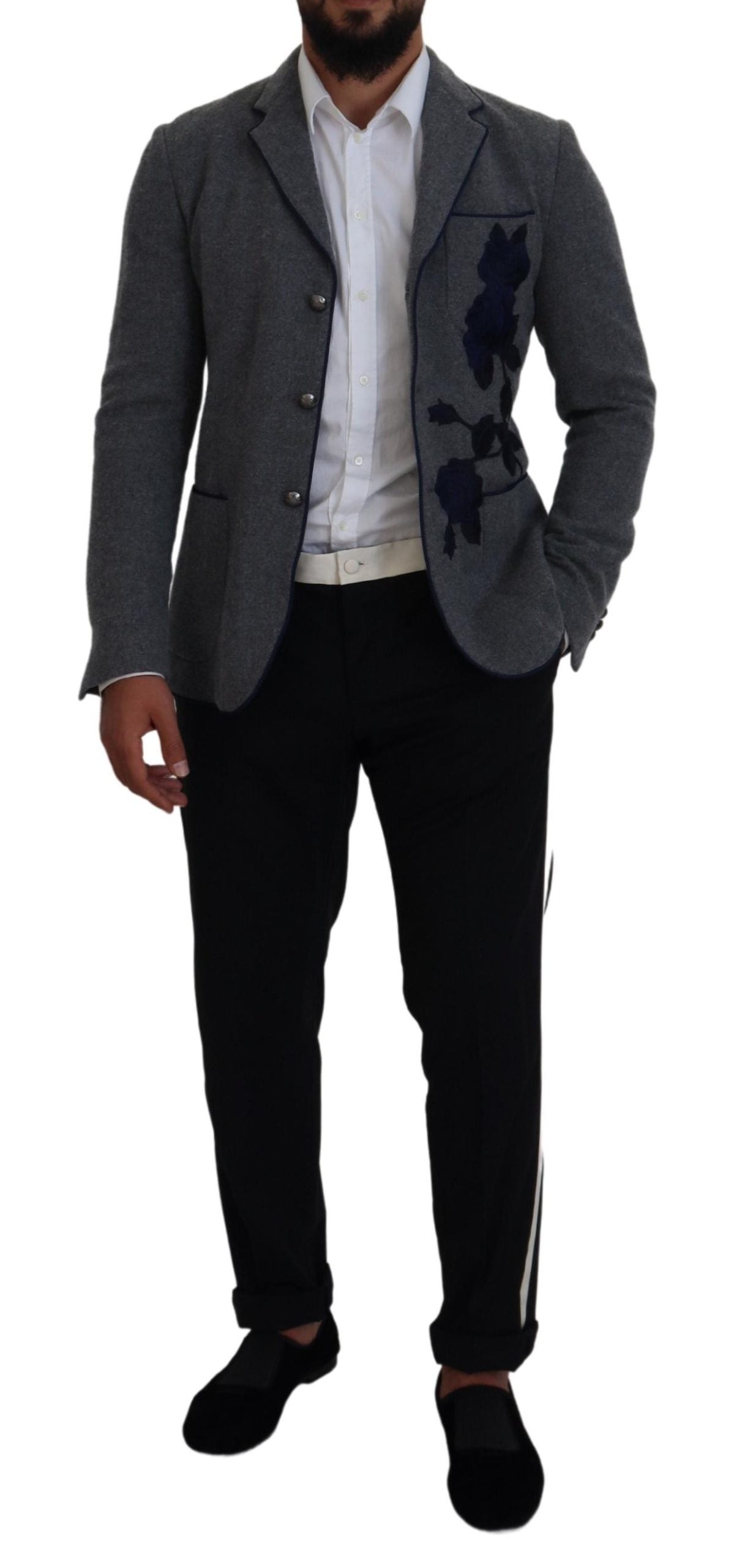 Gray Wool Roses Slim Fit Jacket Blazer